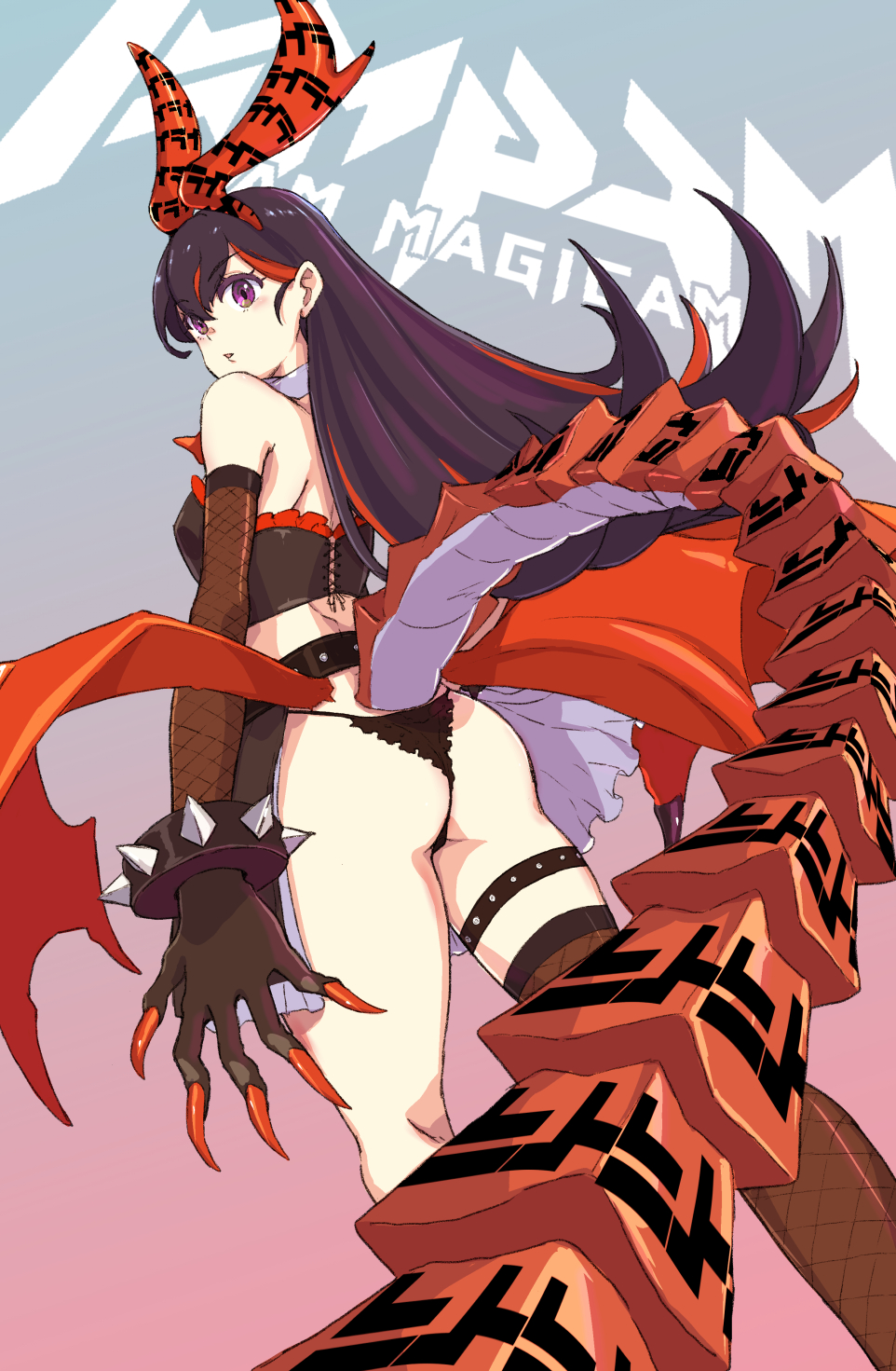 1girl, ass, black_hair, claws, fingernails_over_gloves, fishnets, highres, ira_(magicami)