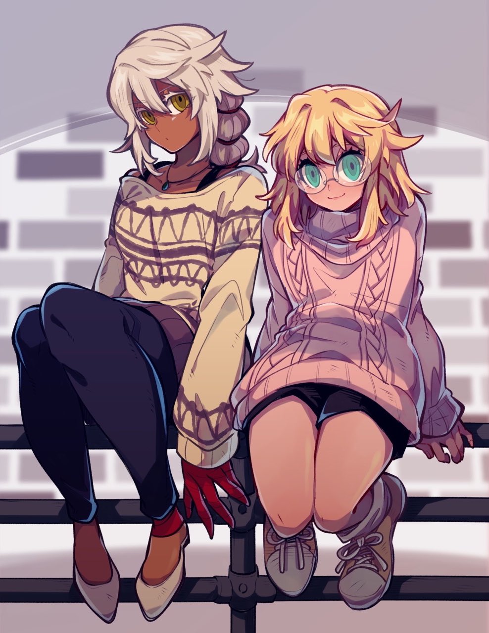 1boy, 1girl, bandaged_arm, bandages, black_shorts, blonde_hair, braid, breasts, bridget_(guilty_gear), colored_eyelashes, dark-skinned_female, dark_skin, green_eyes, guilty_gear, guilty_gear_strive, highres, jewelry, long_sleeves, looking_at_viewer, mako_gai, medium_breasts, medium_hair, necklace, official_alternate_costume, pink_sweater, puffy_long_sleeves, puffy_sleeves, ramlethal_valentine, round_eyewear, short_shorts, shorts, single_braid, sitting, sweater, trap, white_hair, yellow_eyes