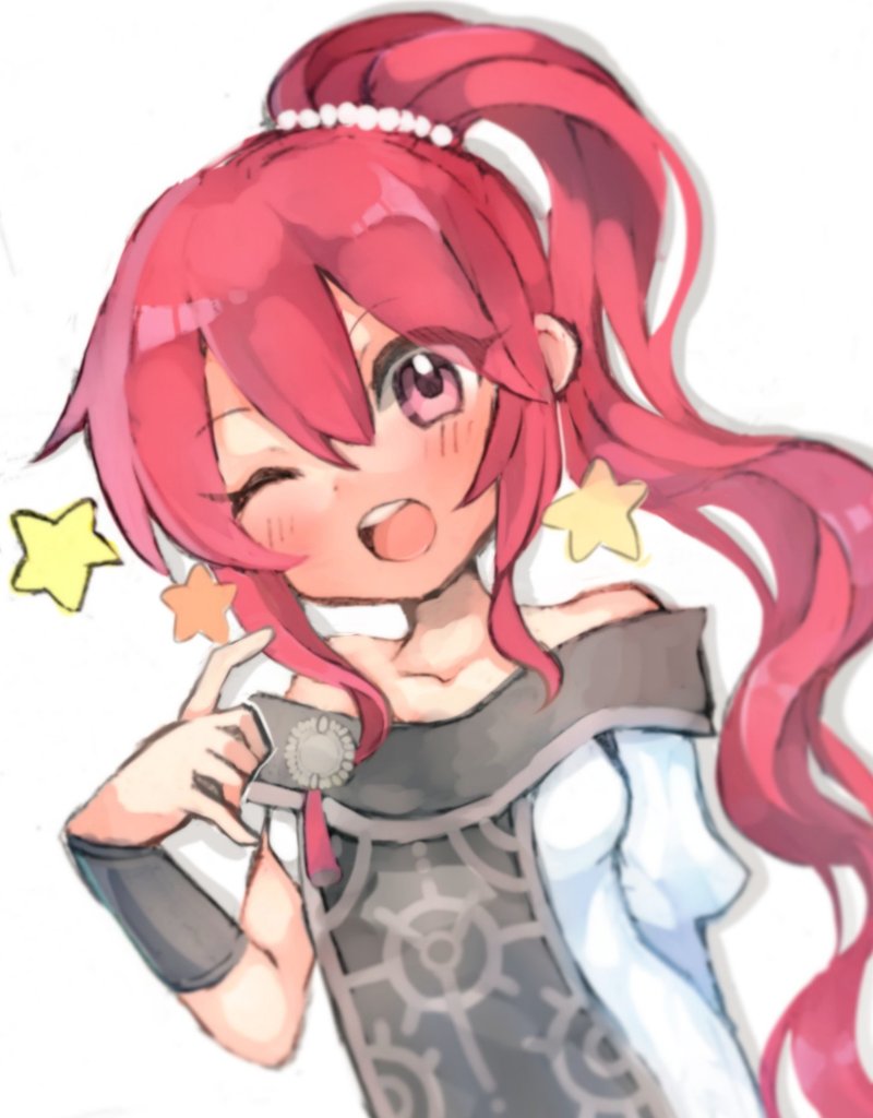 1girl, anna_(fire_emblem), anna_(fire_emblem:_three_houses), bare_shoulders, blush, delaware3850, fire_emblem, fire_emblem:_three_houses, hair_between_eyes, hand_up, long_hair, nintendo, off_shoulder, one_eye_closed, open_mouth, pink_eyes, pink_hair, ponytail, round_teeth, sidelocks, simple_background, solo, star_(symbol), tassel, teeth, upper_teeth_only, wavy_hair, white_background