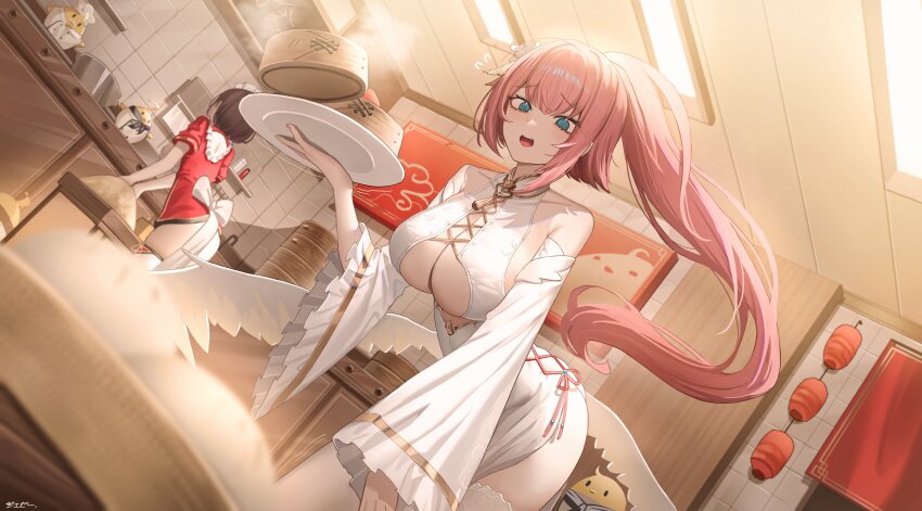 2girls, absurdres, aqua_eyes, ass, azur_lane, baking, bird, black_hair, breasts, chef_hat, china_dress, chinese_clothes, cleavage, detached_sleeves, dough, dress, dutch_angle, feathered_wings, food, hat, high_ponytail, highres, holding, holding_tray, indoors, jeze, kitchen, large_breasts, maid_headdress, manjuu_(azur_lane), multiple_girls, official_alternate_costume, pink_hair, ponytail, theseus_(azur_lane), theseus_(new_year's_white_plumage)_(azur_lane), thigh_strap, thighhighs, thighs, ting_an_(azur_lane), ting_an_(tender_white_jade)_(azur_lane), tray, white_dress, wings