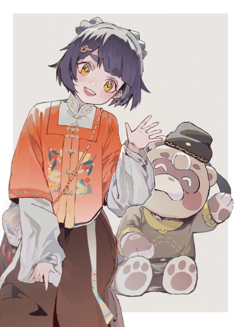 1girl, :d, ^_^, alternate_costume, aoqun, bag, banfenxuhuan899, beanie