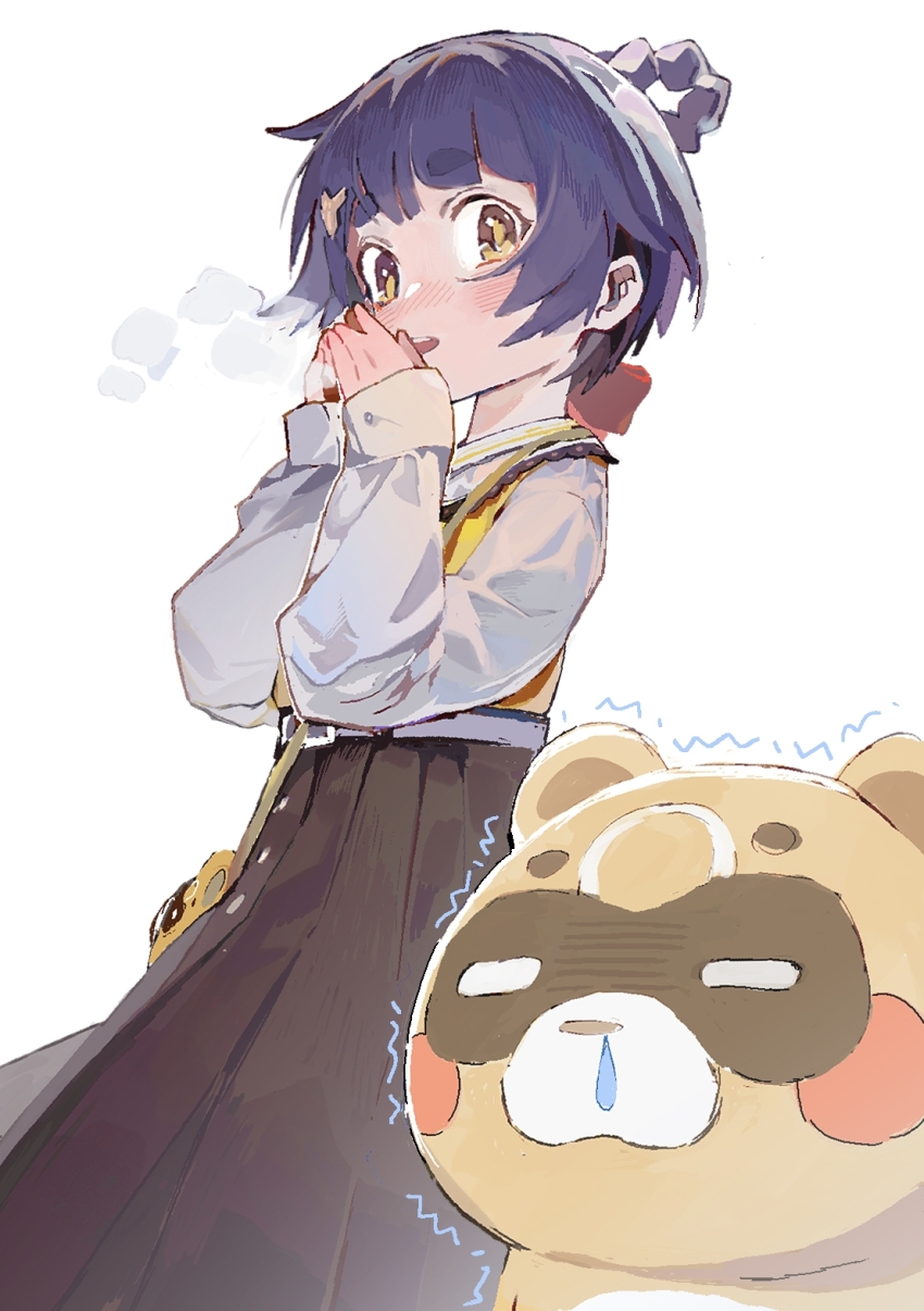 1girl, alternate_costume, bag, banfenxuhuan899, black_skirt, blue_hair, blush, breath, breathing_on_hands, cold, commentary_request, cowboy_shot, dark_blue_hair, genshin_impact, guoba_(genshin_impact), hair_rings, hands_up, highres, long_skirt, long_sleeves, looking_at_viewer, open_mouth, shirt, short_hair, shoulder_bag, simple_background, skirt, snot, thick_eyebrows, trembling, vest, white_background, white_shirt, xiangling_(genshin_impact), yellow_eyes, yellow_vest