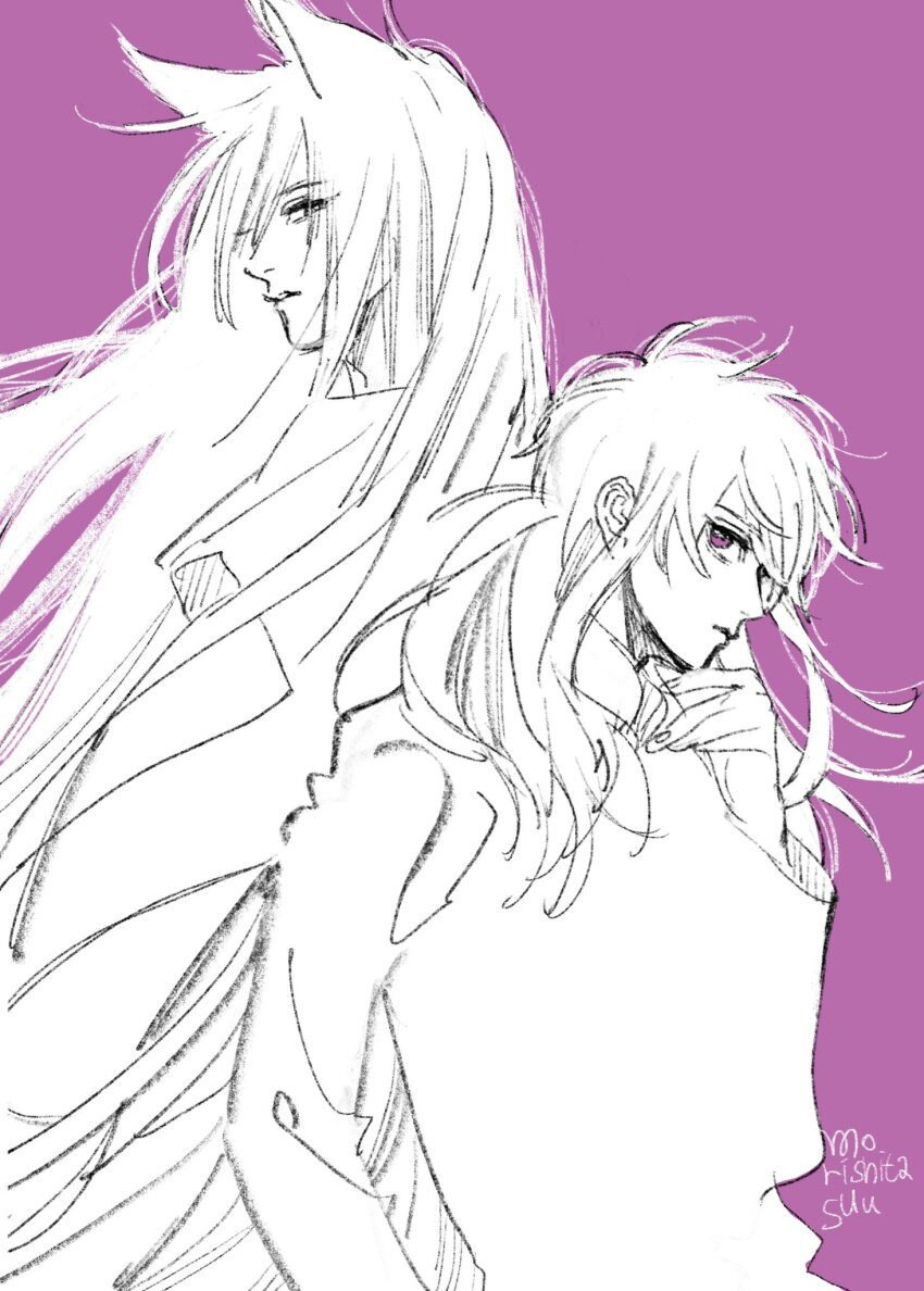 2boys, animal_ears, artist_name, back-to-back, coat, dual_persona, floating_hair, fox_boy