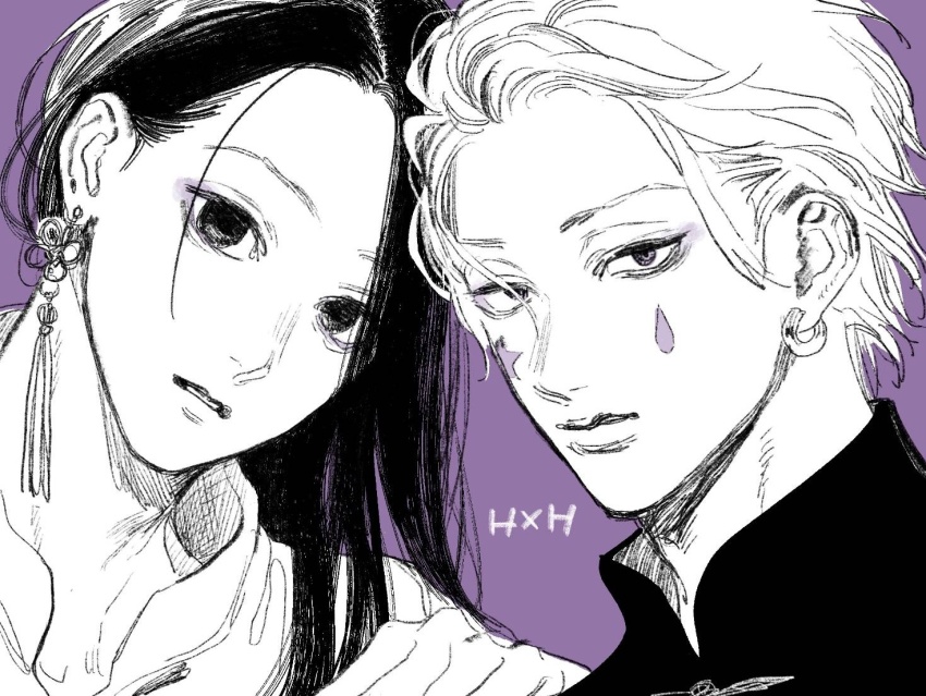 2boys, earrings, eyeshadow, facepaint, facial_mark, greyscale_with_colored_background, hair_behind_ear, hair_over_one_eye