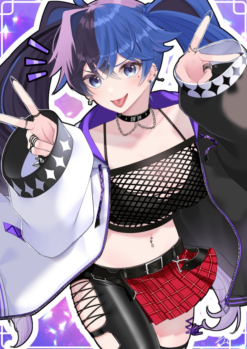 1girl, belt, black_belt, black_bra, black_choker, black_hair, black_jacket, black_nails