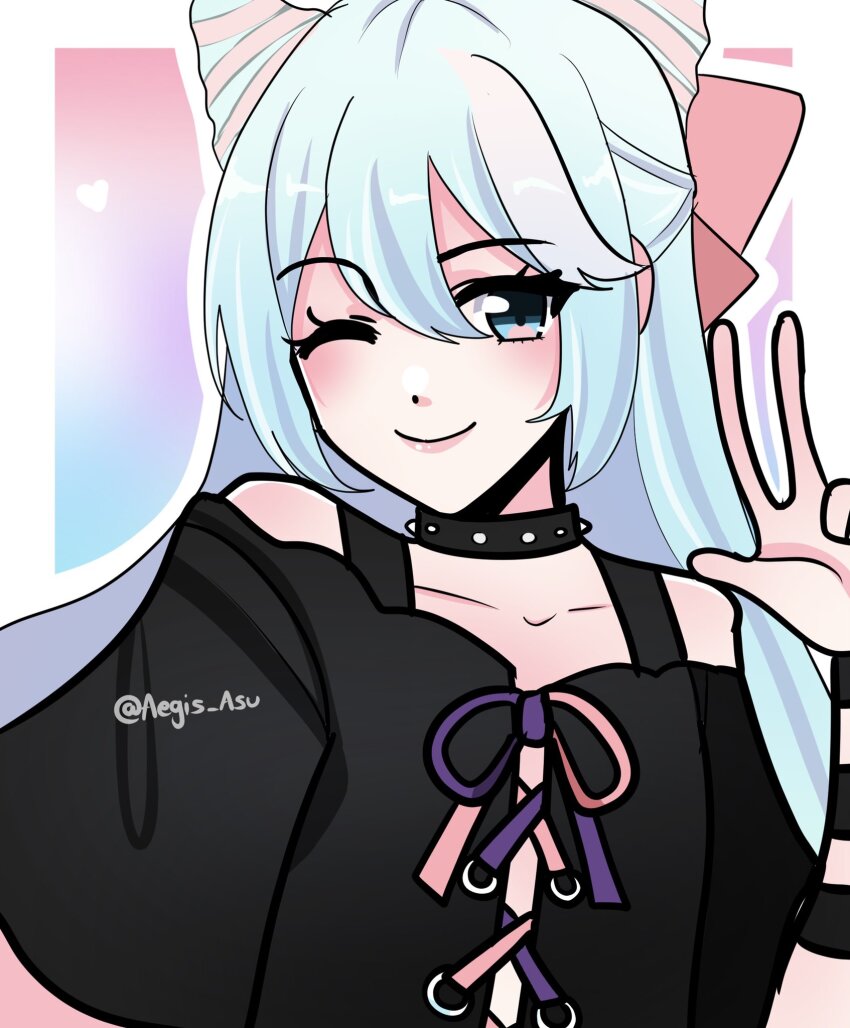 1boy, androgynous, asukaaasuu, blue_eyes, blue_hair, bow, closed_mouth, eyelashes, fire_emblem, fire_emblem_engage, gloves, hair_between_eyes, hair_bow, highres, light_blue_hair, long_hair, looking_at_viewer, male_focus, multicolored_hair, nintendo, one_eye_closed, pink_hair, rosado_(fire_emblem), simple_background, smile, solo, trap, two-tone_hair