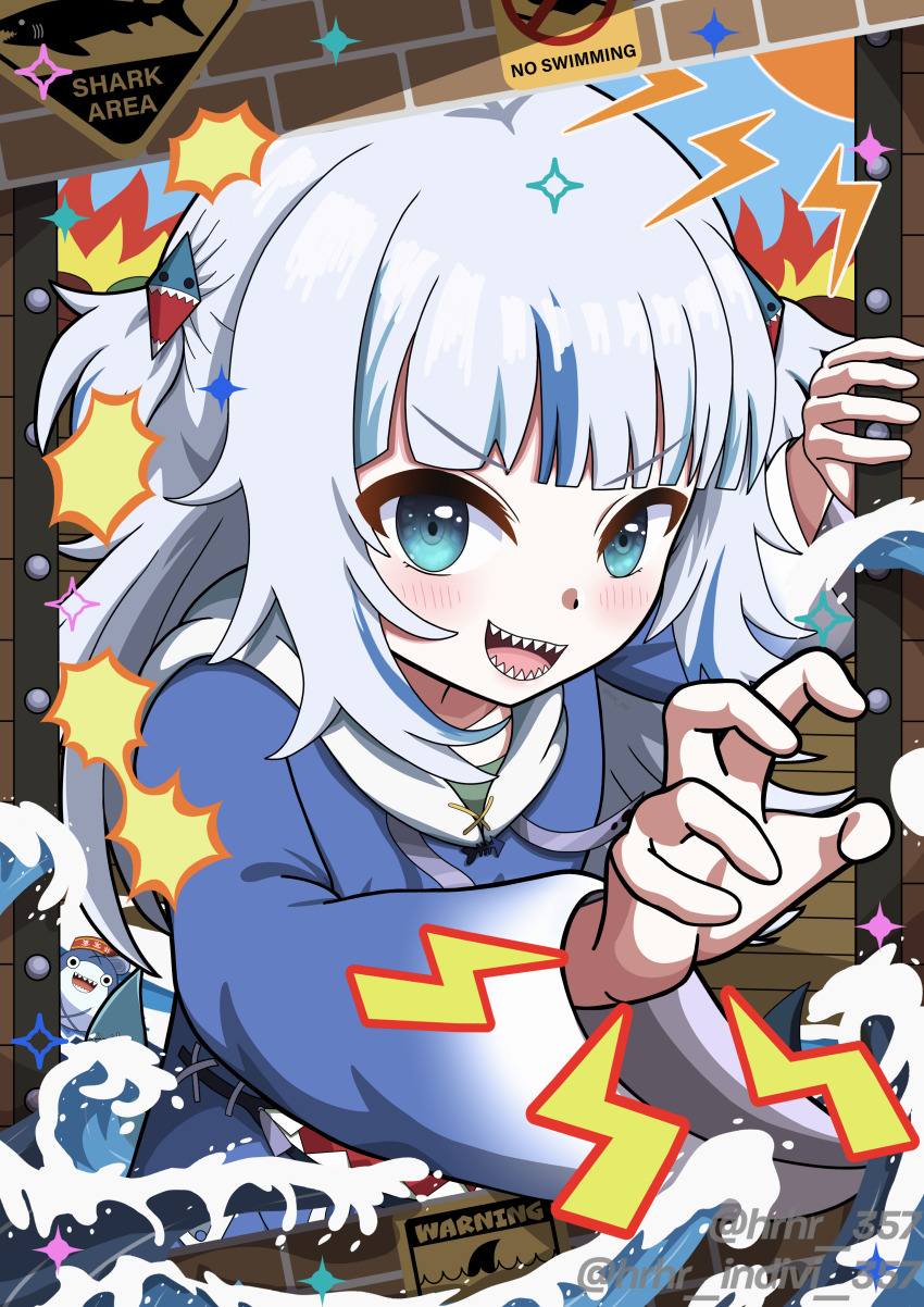 1girl, :d, absurdres, animal_costume, animal_hood, bloop_(gawr_gura), blue_eyes, blue_hair
