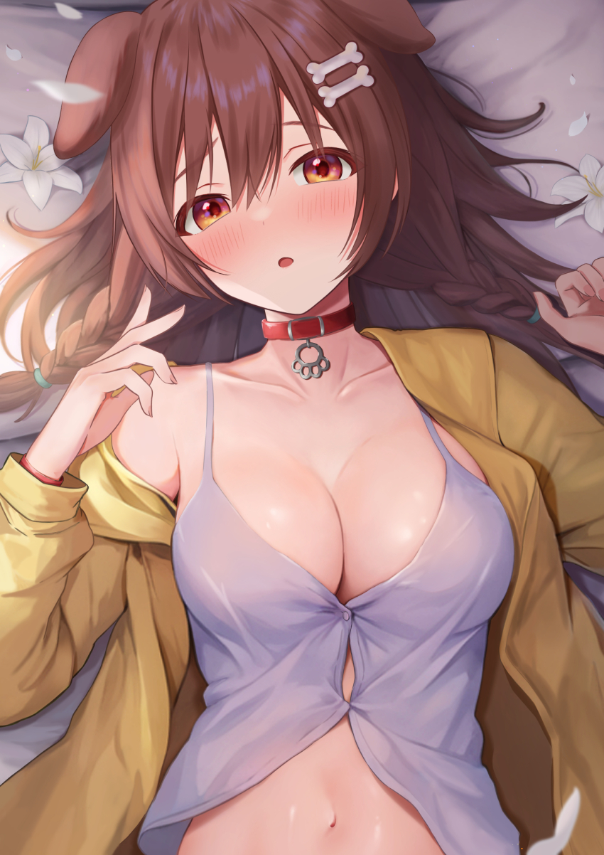 1girl, animal_ears, blush, bone_hair_ornament, braid, breasts, brown_eyes, brown_hair, camisole, cleavage, collar, commentary, dog_ears, dog_girl, extra_ears, flower, hair_between_eyes, hair_ornament, hands_up, highres, hololive, inugami_korone, inugami_korone_(1st_costume), jacket, large_breasts, long_hair, long_sleeves, looking_at_viewer, lying, navel, on_back, open_clothes, open_jacket, open_mouth, parted_lips, petals, red_collar, single_bare_shoulder, solo, tataki_worker, twin_braids, upper_body, virtual_youtuber, white_camisole, white_flower, yellow_jacket