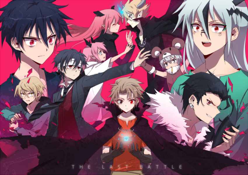 2girls, 6+boys, alba_(senyuu), bandages, black_cape, black_gloves, black_hair, blonde_hair