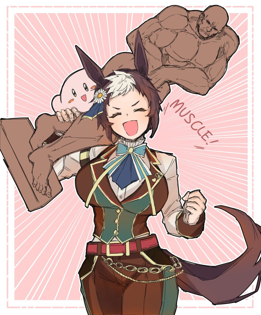 1girl, absurdres, alternate_costume, animal_ears, belt, breasts, brown_hair, clenched_hand