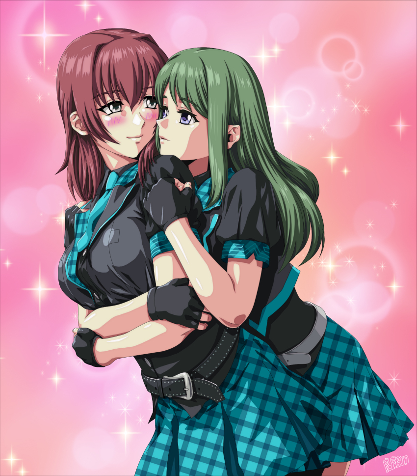 2girls, artist_name, belt, black_belt, black_gloves, black_shirt, blue_skirt, blush