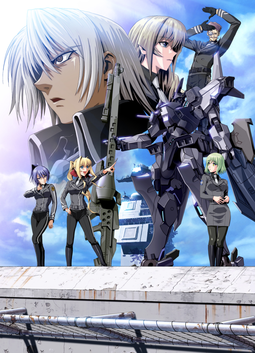 2boys, 4girls, absurdres, artist_name, black_gloves, black_shirt, blonde_hair, blue_eyes