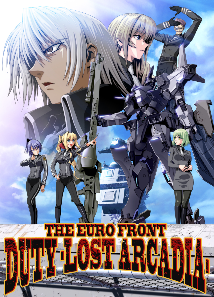 2boys, 4girls, absurdres, artist_name, black_gloves, black_shirt, blonde_hair, blue_hair