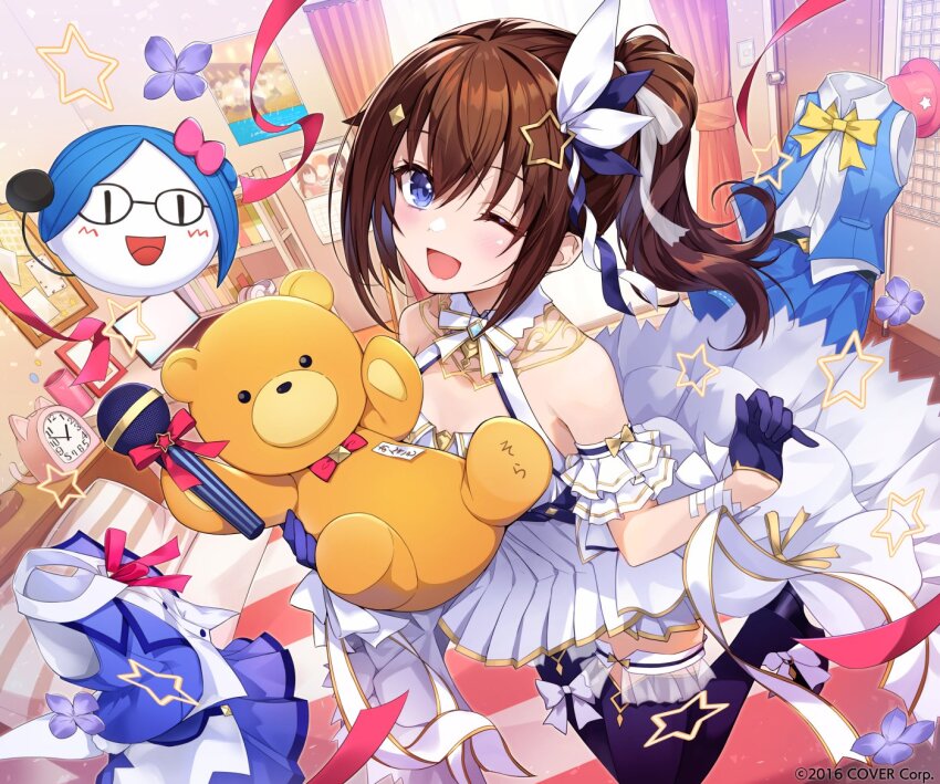 1girl, ;d, a-chan_(hololive), amagai_tarou, analog_clock, ankimo_(tokino_sora), arm_garter, bed