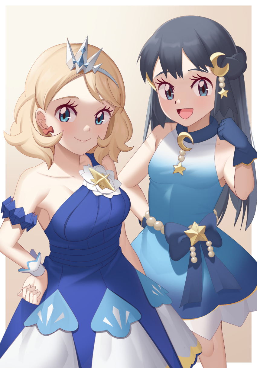 2girls, :d, armlet, beads, black_hair, blonde_hair, blue_dress, blue_gloves
