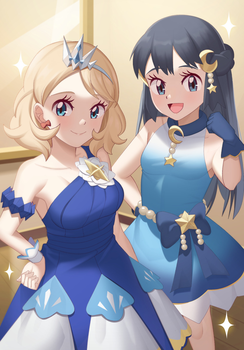 2girls, :d, armlet, beads, black_hair, blonde_hair, blue_dress, blue_gloves, bow, breasts, closed_mouth, collarbone, commentary_request, crescent, crescent_hair_ornament, dawn_(pokemon), dress, earrings, eyelashes, flower, gazing_eye, gloves, green_eyes, hair_ornament, hand_on_own_hip, hand_up, highres, jewelry, knees, long_hair, medium_breasts, medium_hair, multiple_girls, nintendo, official_alternate_costume, open_mouth, pokemon, pokemon_(anime), pokemon_journeys, pokemon_masters_ex, pokemon_swsh075, serena_(champion)_(pokemon), serena_(pokemon), short_dress, single_strap, small_breasts, smile, sparkle, tongue, white_flower, wrist_cuffs