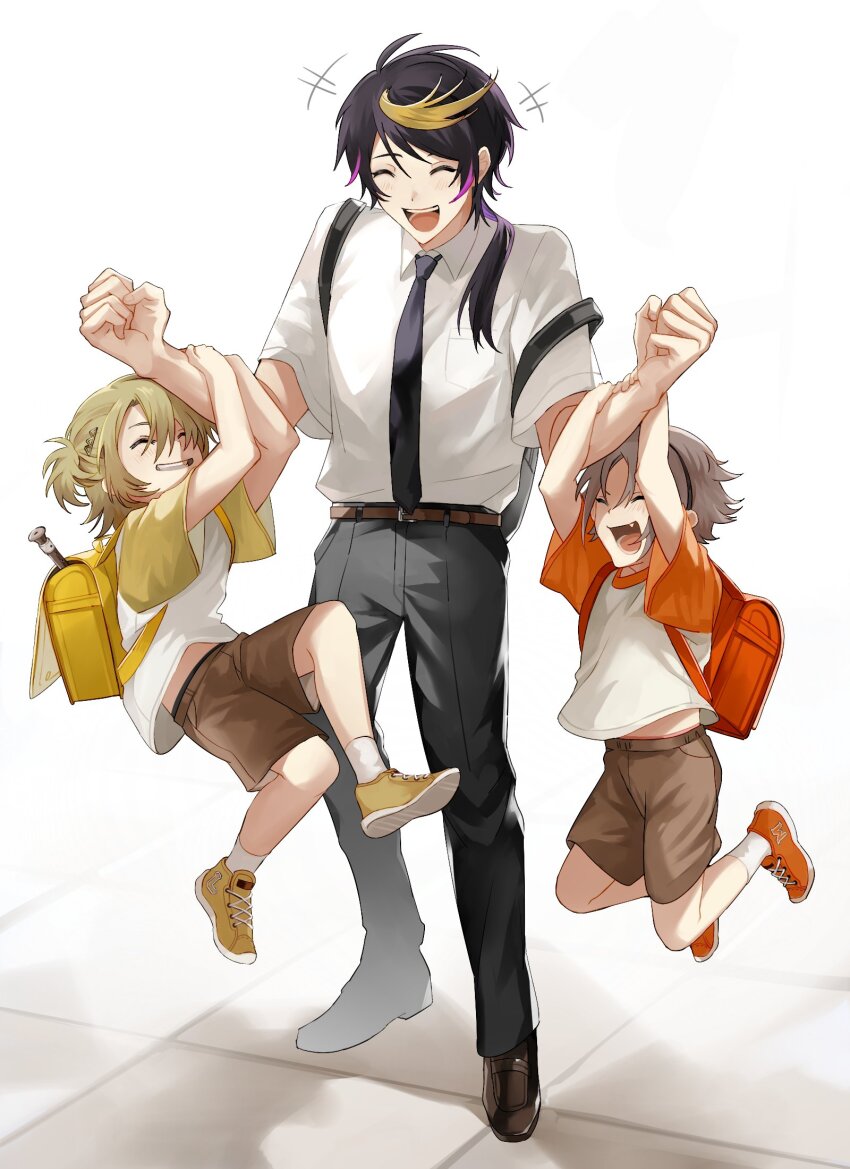 +++, 3boys, ^_^, aged_down, arms_up, backpack, bag, belt