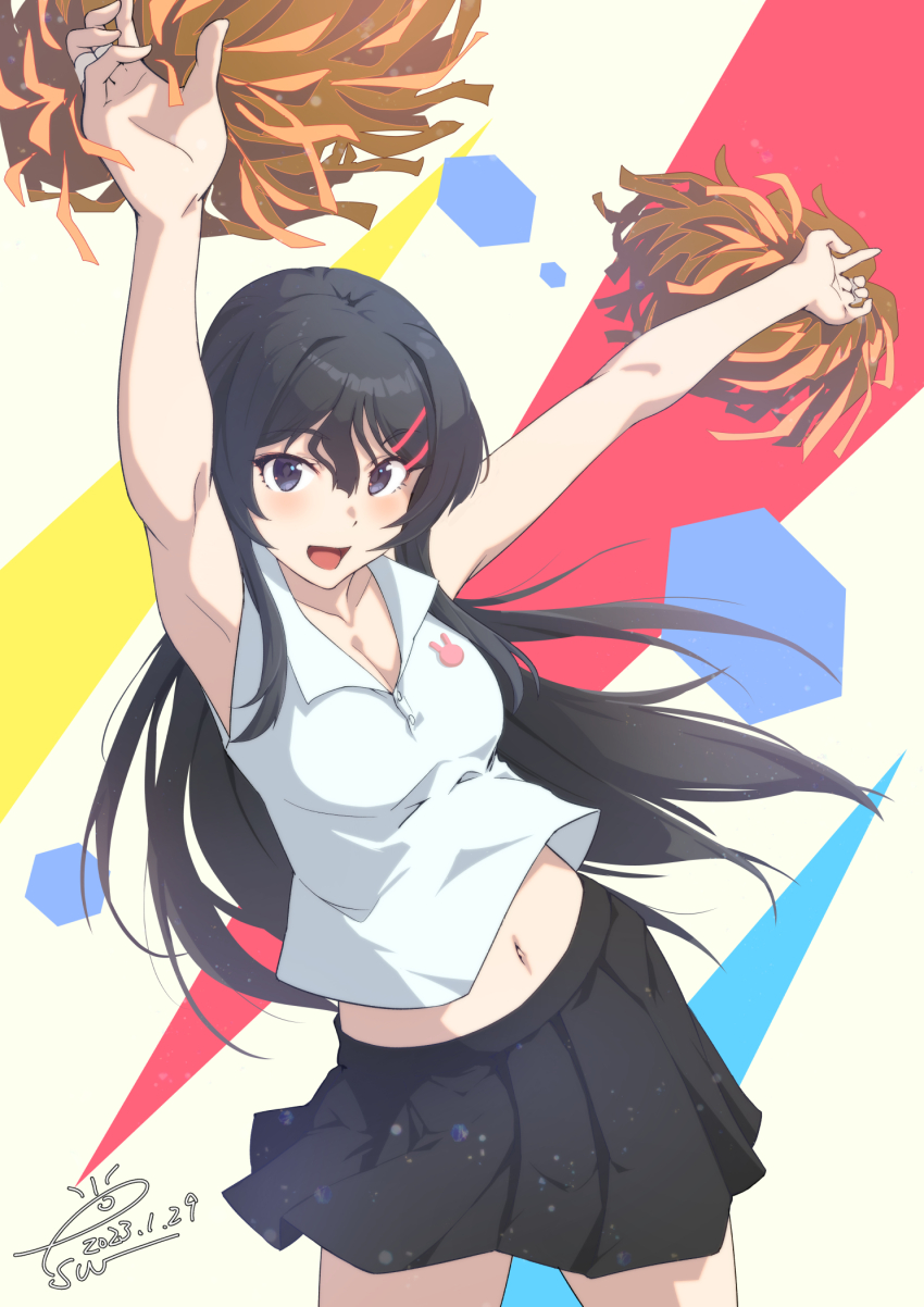 1girl, armpits, black_hair, black_skirt, blue_eyes, blush, breasts, cleavage, esw_artca, hair_ornament, hairclip, highres, long_hair, medium_breasts, midriff, multicolored_background, navel, open_mouth, orange_pom_poms, outstretched_arms, pom_pom_(cheerleading), rabbit, sakurajima_mai, seishun_buta_yarou, shirt, skirt, sleeveless, sleeveless_shirt, stomach, white_shirt, zipper