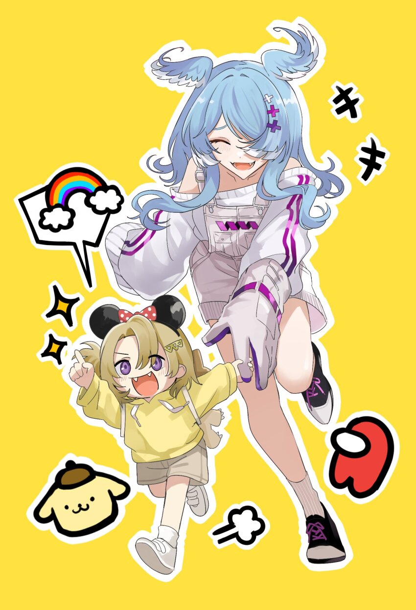 +++, 1boy, 1girl, :d, ^_^, aged_down, among_us, animal_bag, animal_ears, arm_up, backpack, bag, bare_shoulders, black_footwear, blonde_hair, blue_hair, blush, brown_bag, brown_shorts, child, closed_eyes, collarbone, commentary_request, crewmate_(among_us), cross_hair_ornament, curry_ytd, disney, drawstring, elira_pendora, elira_pendora_(1st_costume), eyelashes, fake_animal_ears, fangs, full_body, gloves, grey_gloves, grey_shorts, hair_between_eyes, hair_ornament, hair_over_one_eye, hairclip, head_wings, highres, holding_hands, hood, hood_down, hoodie, leg_up, long_hair, long_sleeves, luca_kaneshiro, medium_hair, mickey_mouse, mickey_mouse_ears, mouse_ears, multicolored_hair, nijisanji, nijisanji_en, off-shoulder_sweater, off_shoulder, one_eye_covered, open_mouth, outline, overall_shorts, overalls, parted_bangs, pointing, pompompurin, puff_of_air, purple_eyes, rainbow, raised_eyebrows, red_(among_us), sanrio, shoes, short_shorts, short_side_ponytail, shorts, side_ponytail, sidelocks, simple_background, single_glove, smile, socks, sparkle, speech_bubble, sweater, swept_bangs, virtual_youtuber, white_footwear, white_hair, white_outline, white_socks, white_sweater, wings, yellow_background, yellow_hoodie