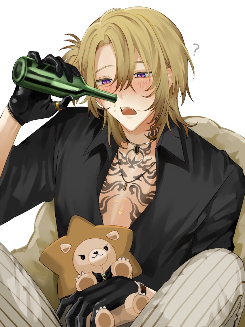 1boy, ?, augustus_(luca_kaneshiro), black_gloves, black_shirt, blonde_hair, blush, bottle