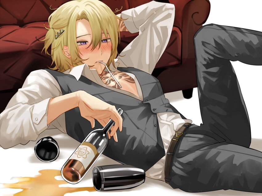 1boy, alcohol, arm_up, belt, black_pants, black_vest, blonde_hair, blush, bottle, brown_belt, buttons, chest_tattoo, cocktail_shaker, collared_shirt, commentary_request, couch, curry_ytd, dress_shirt, drinking_straw, drinking_straw_in_mouth, hair_between_eyes, hair_ornament, hairclip, highres, leg_up, luca_kaneshiro, lying, male_focus, medium_hair, messy_hair, mouth_hold, nijisanji, nijisanji_en, nose_blush, on_back, open_collar, pants, parted_bangs, parted_lips, purple_eyes, shirt, shirt_tucked_in, short_side_ponytail, side_ponytail, sidelocks, simple_background, solo, spill, tattoo, vest, virtual_youtuber, white_background, white_shirt, wing_collar