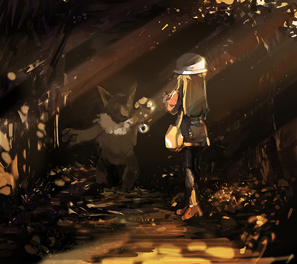 1girl, bag, brown_hair, commentary, dark, forest, gen_1_pokemon, handbag