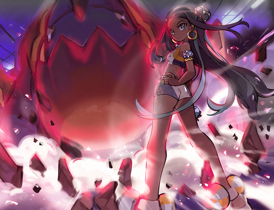 1girl, armlet, belly_chain, bike_shorts, commentary, dark-skinned_female, dark_skin, drednaw