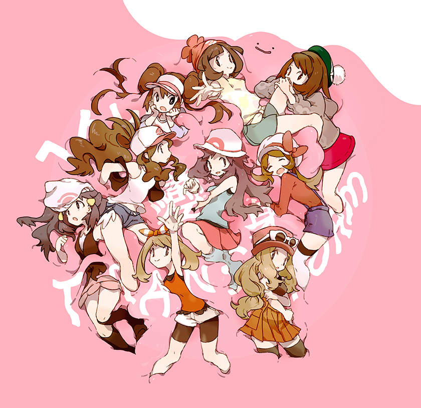 6+girls, :o, arm_up, baseball_cap, beanie, bike_shorts, bow_hairband, brown_hair