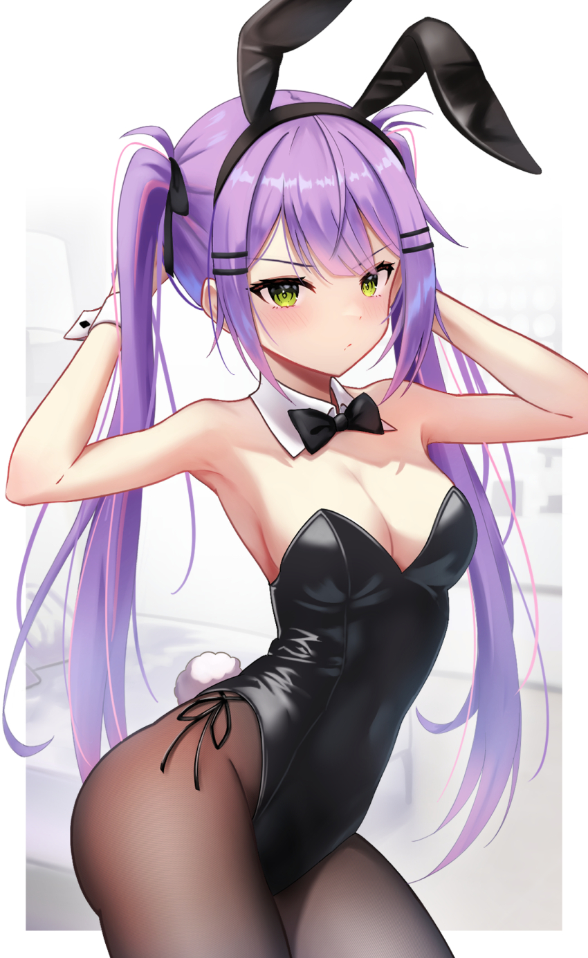1girl, animal_ears, arms_behind_head, black_bow, black_bowtie, black_pantyhose, black_ribbon, bow, bowtie, commentary, cowboy_shot, detached_collar, fake_animal_ears, fake_tail, frown, green_eyes, hair_ornament, hair_ribbon, hairclip, headband, highres, hololive, long_hair, looking_at_viewer, multicolored_hair, pantyhose, pink_hair, playboy_bunny, purple_hair, rabbit_ears, rabbit_tail, ribbon, sidelocks, solo, streaked_hair, swept_bangs, tail, telu_(teluscarlet), tokoyami_towa, twintails, virtual_youtuber, white_wrist_cuffs, wrist_cuffs