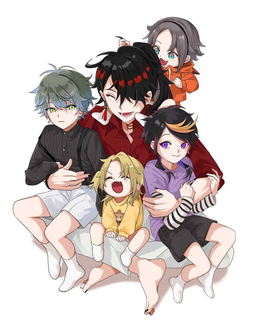 5boys, :3, :d, ^_^, absurdres, aged_down, antenna_hair, barefoot