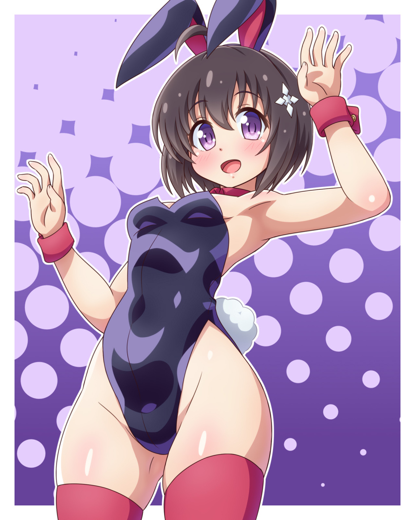 ahoge, animal_ears, armpits, black_hair, black_leotard, breasts, choker, cowboy_shot, fake_animal_ears, highres, honjou_kaede, itai_no_wa_iya_nano_de_bougyoryoku_ni_kyokufuri_shitai_to_omoimasu, leotard, maple_(bofuri), open_mouth, playboy_bunny, purple_eyes, rabbit_ears, rabbit_tail, red_choker, red_thighhighs, short_hair, small_breasts, smile, strapless, strapless_leotard, tail, thighhighs, waving, wrist_cuffs, yosuzu