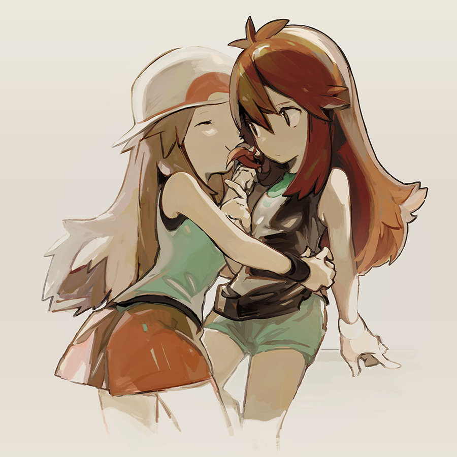 2girls, brown_hair, closed_eyes, closed_mouth, commentary, dual_persona, gloves, green_(pokemon), green_shirt, green_shorts, hair_between_eyes, hand_up, hat, leaf_(pokemon), lillin, long_hair, looking_at_another, multiple_girls, nintendo, pokemon, pokemon_firered_and_leafgreen, pokemon:_let's_go_pikachu!_and_let's_go_eevee!, shirt, shorts, skirt, sleeveless, sleeveless_shirt, smile, twirling_hair, white_background, white_gloves, white_headwear, wristband