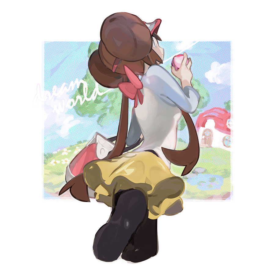 1girl, black_pantyhose, border, bow, brown_hair, closed_mouth, commentary, donut_hair_bun