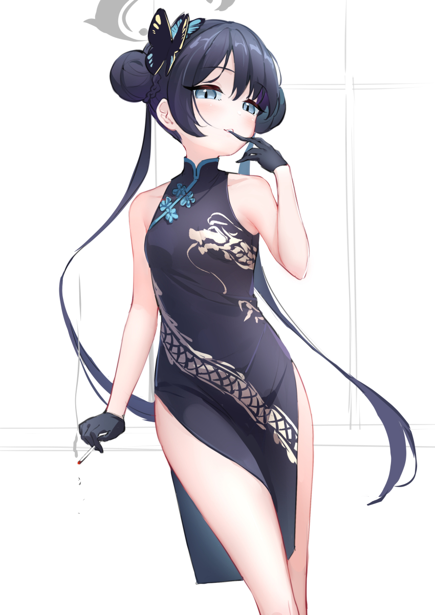 1girl, absurdres, beiqi_coconut, black_dress, black_gloves, black_hair, blue_archive, blue_eyes, braid, braided_bun, breasts, butterfly_hair_ornament, china_dress, chinese_clothes, cigarette, double_bun, dragon_print, dress, gloves, hair_bun, hair_ornament, halo, highres, holding, holding_cigarette, kisaki_(blue_archive), long_hair, looking_at_viewer, sleeveless, sleeveless_dress, small_breasts, thighs, twintails, white_background