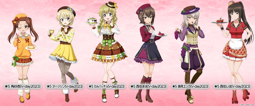 6+girls, alternate_hairstyle, apron, beret, black_eyes, black_footwear, black_hair, black_headwear