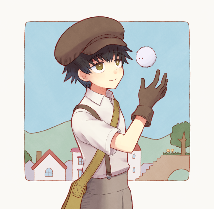 1boy, bad_id, bad_pixiv_id, bag, black_hair, brown_eyes, brown_gloves, brown_hat