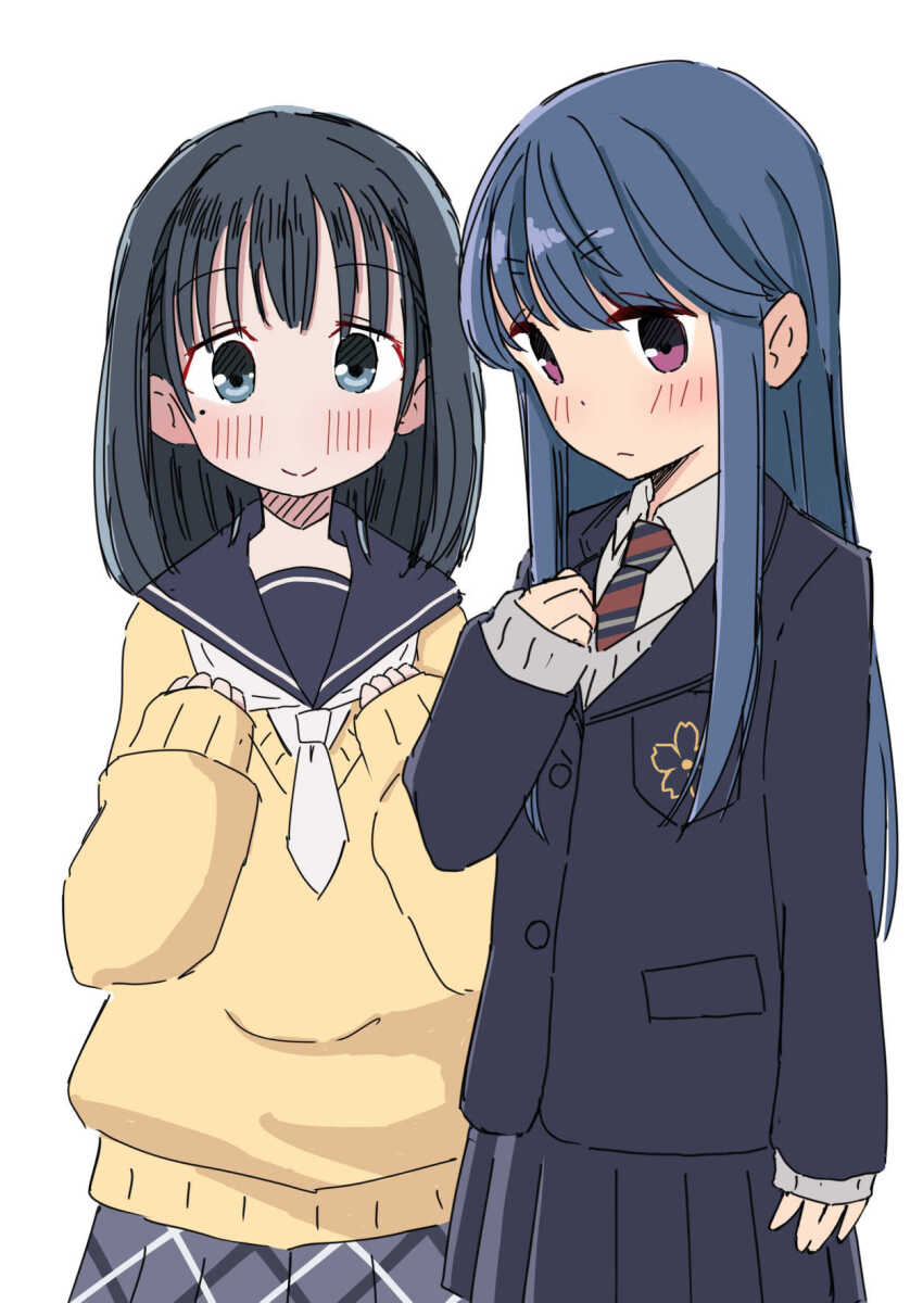 2girls, black_hair, blue_eyes, blue_hair, closed_mouth, cosplay, costume_switch, crossover