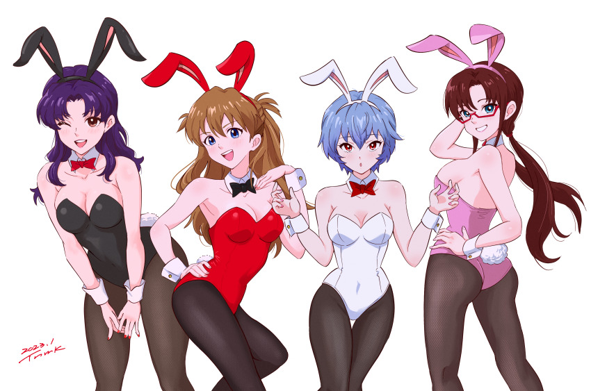 2023, 4girls, absurdres, alternate_costume, animal_ears, ass, ayanami_rei, bare_shoulders, black_bow, black_bowtie, black_leotard, blue_eyes, blue_hair, bow, bowtie, breasts, brown_eyes, brown_hair, chinese_zodiac, cleavage, commentary_request, dated, detached_collar, fake_animal_ears, fake_tail, female_focus, glasses, hairband, hand_on_own_hip, highres, katsuragi_misato, leotard, long_hair, looking_at_viewer, makinami_mari_illustrious, medium_breasts, multiple_girls, neon_genesis_evangelion, one_eye_closed, open_mouth, pantyhose, pink_leotard, playboy_bunny, purple_hair, rabbit_ears, rabbit_tail, rebuild_of_evangelion, red_bow, red_bowtie, red_eyes, red_leotard, short_hair, signature, smile, souryuu_asuka_langley, strapless, strapless_leotard, tail, tsunemoku, twintails, white_background, white_leotard, wink, wrist_cuffs, year_of_the_rabbit