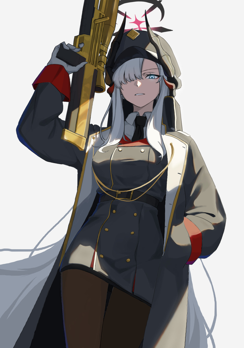 1girl, absurdres, belt, black_belt, black_horns, black_necktie, black_pantyhose, blue_archive