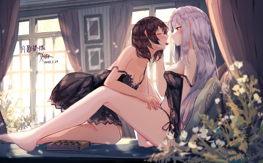 2girls, absurdres, alexandra_viktorovna_dashkova_(tukikagerou), babydoll, barefoot, benevole, black_panties, black_vs_white, blue_eyes, blush, breasts, brown_hair, cleavage, closed_eyes, closed_mouth, collarbone, commentary_request, curtains, dated, day, from_side, grey_hair, highres, indoors, lingerie, long_hair, looking_at_another, medium_breasts, multiple_girls, negligee, on_bed, open_mouth, original, panties, profile, sexually_suggestive, sharifah_ozdil_(tukikagerou), short_hair, sitting, strap_slip, underwear, very_long_hair, window, yonic_symbol, yuri