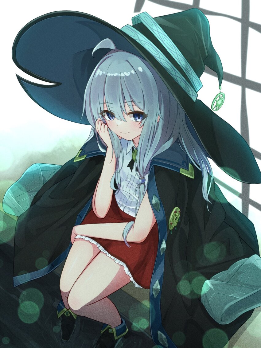 1girl, ahoge, black_cloak, black_footwear, black_hat, black_robe, black_skirt, cloak, cmo_2kr, collared_shirt, elaina_(majo_no_tabitabi), frilled_shirt, frilled_skirt, frills, grey_hair, hair_between_eyes, hat, highres, long_hair, majo_no_tabitabi, neck_ribbon, open_clothes, pleated_skirt, purple_eyes, ribbon, robe, shirt, sidelocks, skirt, white_shirt, witch, witch_hat, yellow_ribbon