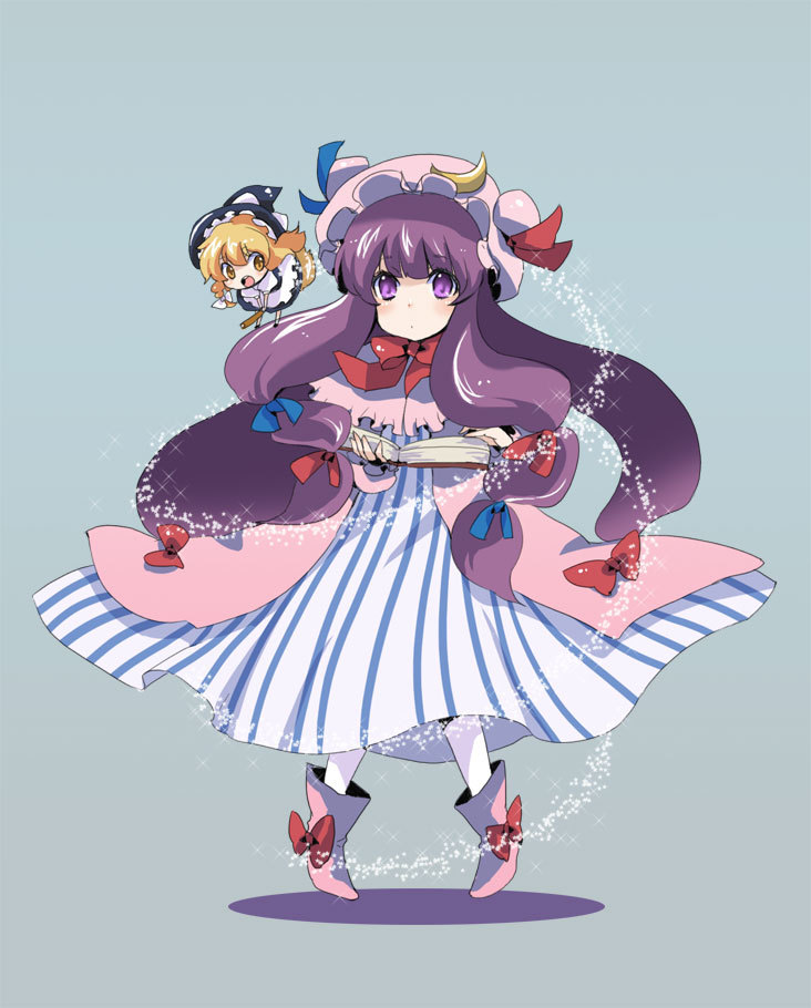 2girls, book, broom, broom_riding, chibi, dress, female_focus, hair_ribbon