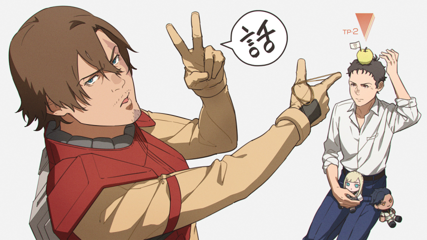 2boys, blue_eyes, brown_eyes, brown_hair, character_doll, commentary_request, doll, food