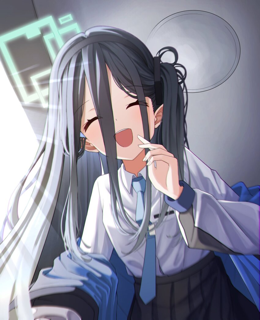 aris_(blue_archive), black_hair, black_hairband, blue_archive, blue_necktie, collared_shirt, hairband, halo