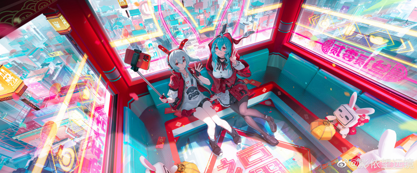 2girls, absurdres, ad, ahoge, animal_ear_headphones, animal_ears, animal_hood, aqua_hair