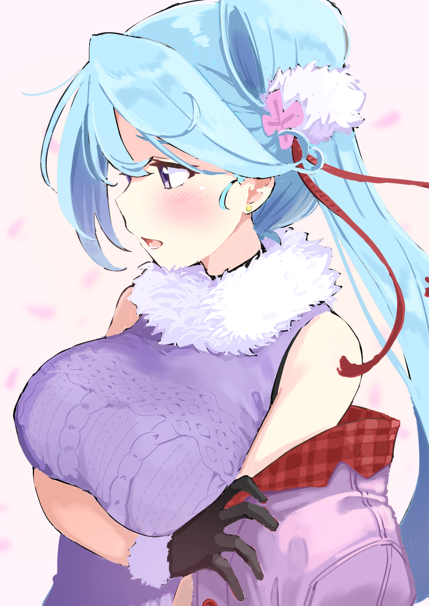 absurdres, arm_under_breasts, bare_shoulders, blue_hair, blush, curly_hair, from_side, fur-trimmed_gloves, fur_collar, fur_trim, gloves, hair_ornament, half-closed_eyes, highres, holding, holding_unworn_clothes, knot, kumo'otoshi, light_blue_hair, looking_away, max_melon, open_mouth, purple_eyes, shy, sleeveless, sweater, tenka_hyakken