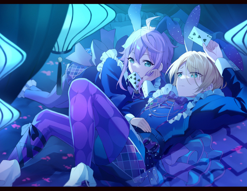 2boys, animal_ears, black_shirt, blonde_hair, ensemble_stars!, fake_animal_ears, green_eyes, highres