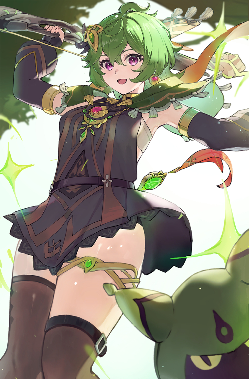 1girl, black_gloves, brown_dress, brown_thighhighs, capelet, collei_(genshin_impact), commentary, cuilein-anbar_(genshin_impact), detached_sleeves, dress, earrings, f.sakuma, fingerless_gloves, genshin_impact, gloves, green_capelet, green_hair, hair_ornament, highres, jewelry, leg_belt, long_sleeves, looking_at_viewer, medium_hair, open_mouth, puffy_long_sleeves, puffy_sleeves, purple_eyes, short_dress, sleeveless, smile, solo, thighhighs, thighlet, thighs, vision_(genshin_impact), zettai_ryouiki