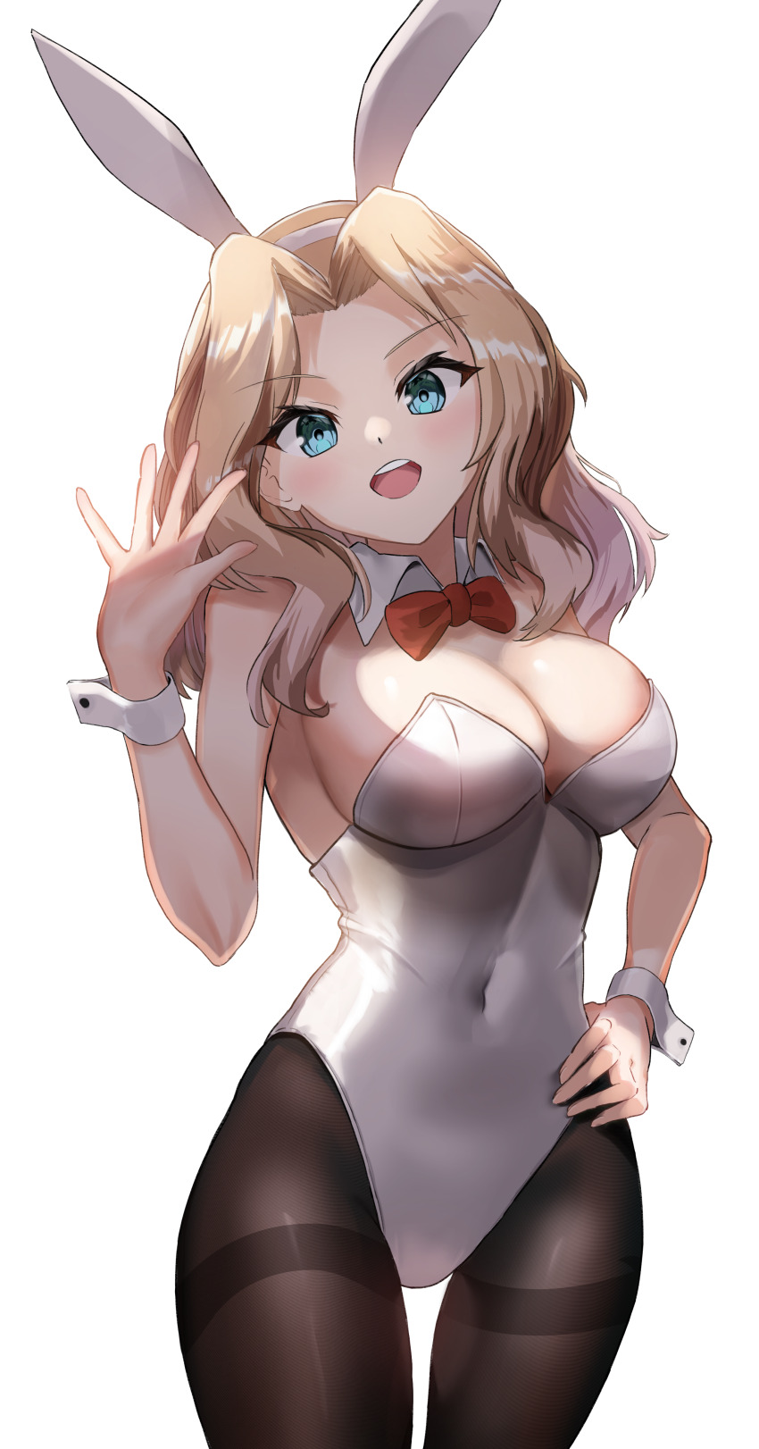 1girl, absurdres, animal_ears, aqua_eyes, black_pantyhose, blonde_hair, blush, bow, bowtie, breasts, cleavage, girls_und_panzer, highleg, highleg_leotard, highres, kay_(girls_und_panzer), large_breasts, lazurite_(user_8870367), leotard, long_hair, looking_at_viewer, pantyhose, playboy_bunny, rabbit_ears, red_bow, red_bowtie, simple_background, smile, solo, standing, thighband_pantyhose, white_background, white_leotard, wrist_cuffs