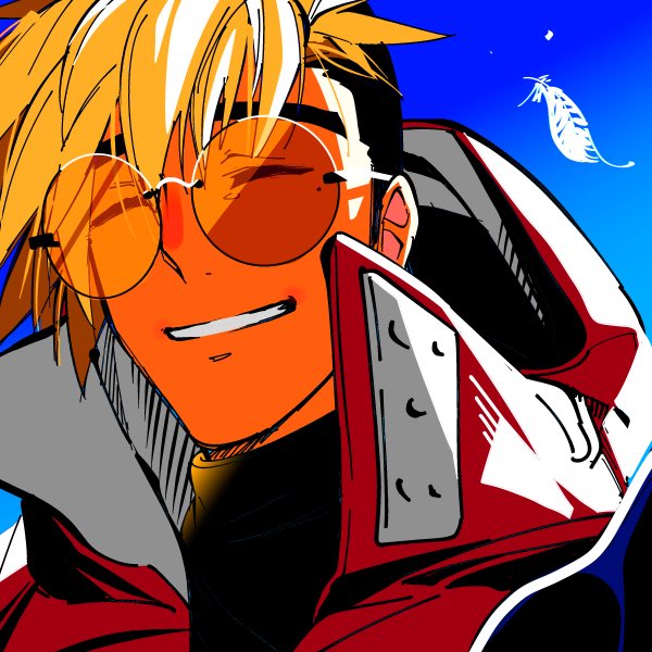 1boy, blonde_hair, blue_background, closed_eyes, earrings, feathers, glasses, gradient_background, grin, imo_su_p, jewelry, male_focus, smile, solo, sunglasses, trigun, trigun_stampede, turtleneck, undercut, upper_body, vash_the_stampede